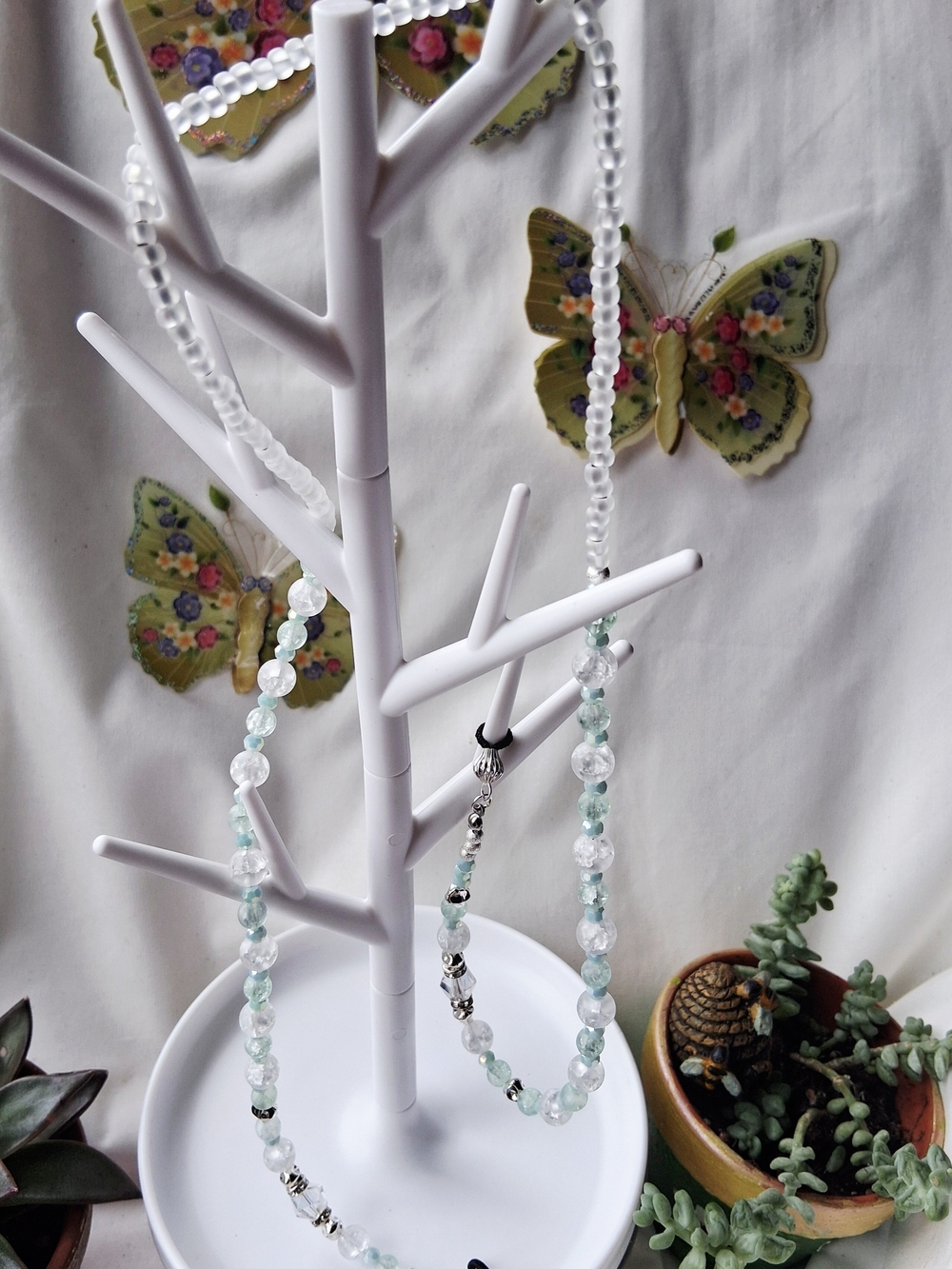 Beaded Eyeglass Chain in Frosted Mint And White Silver Accents